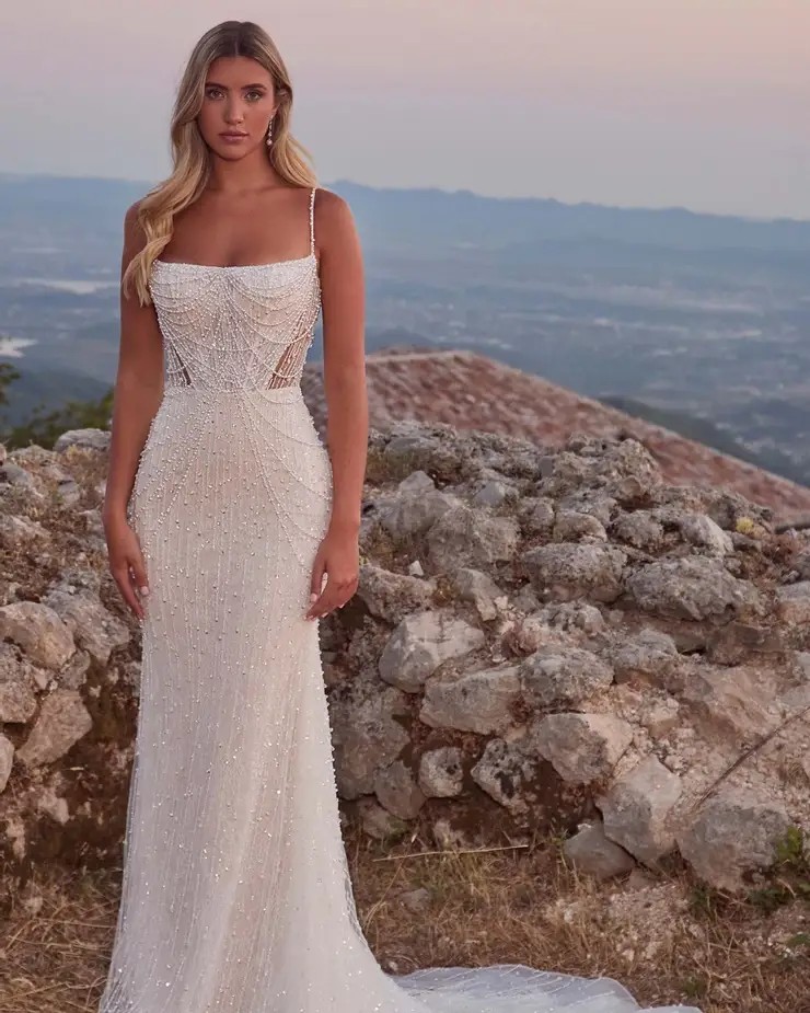 model wearing wedding dress